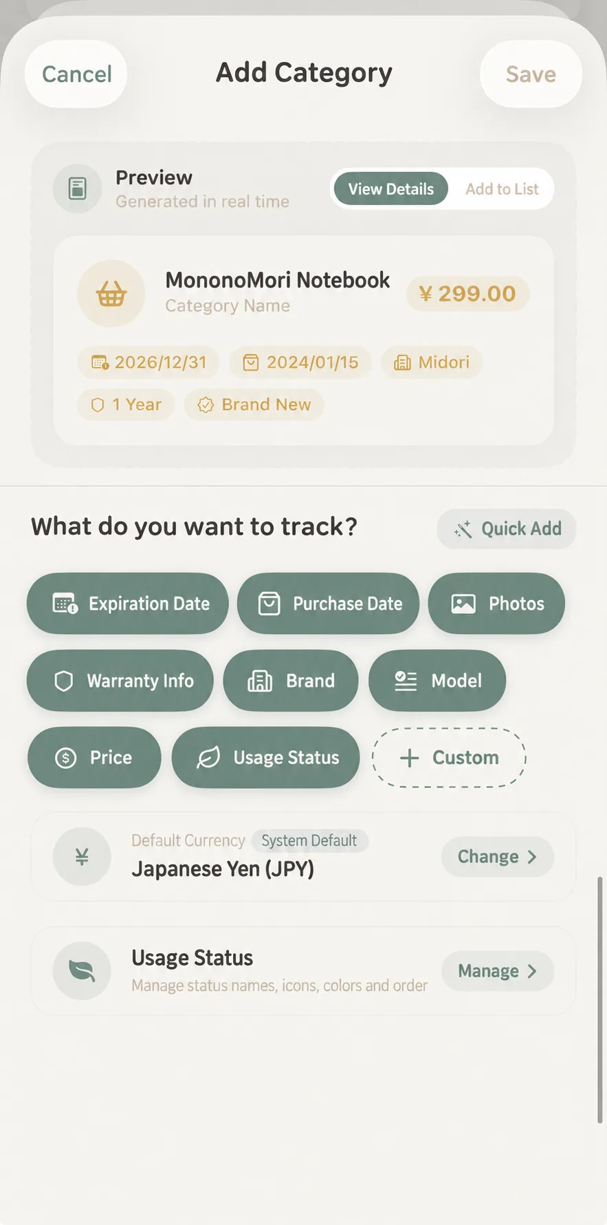 Attribute tracking configuration panel