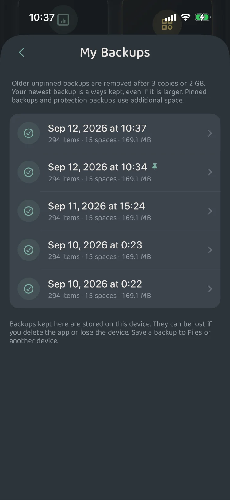 Historical backups list and pinned protection badges