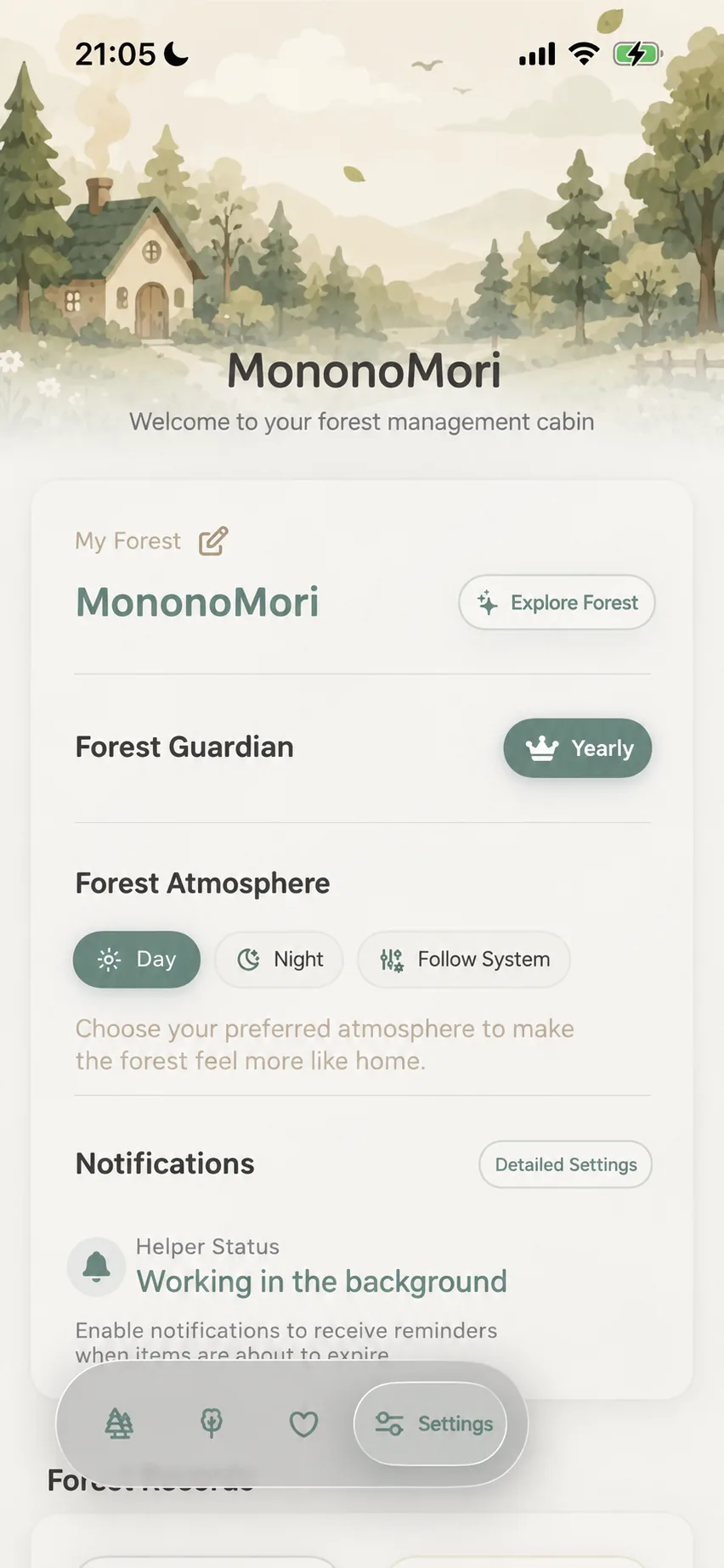 Explore Forest capsule button in Settings
