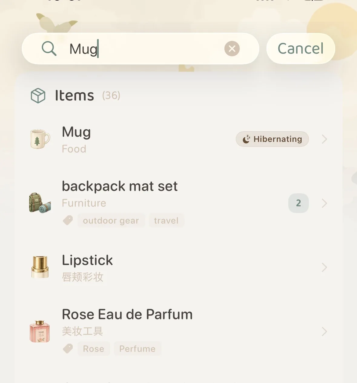 Hibernating item found via search bar showing resting indicator