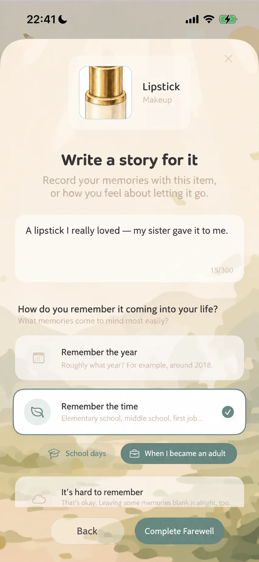 Writing memory stories and selecting life chapters