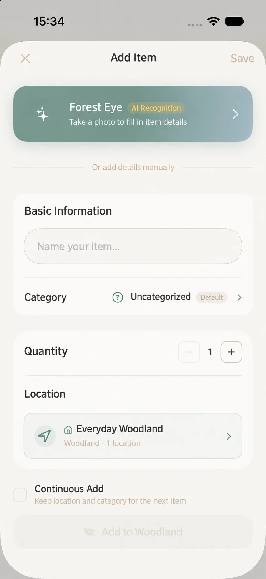 MononoMori add item form featuring Name, Category, Quantity, Location, and Continuous Planting Mode