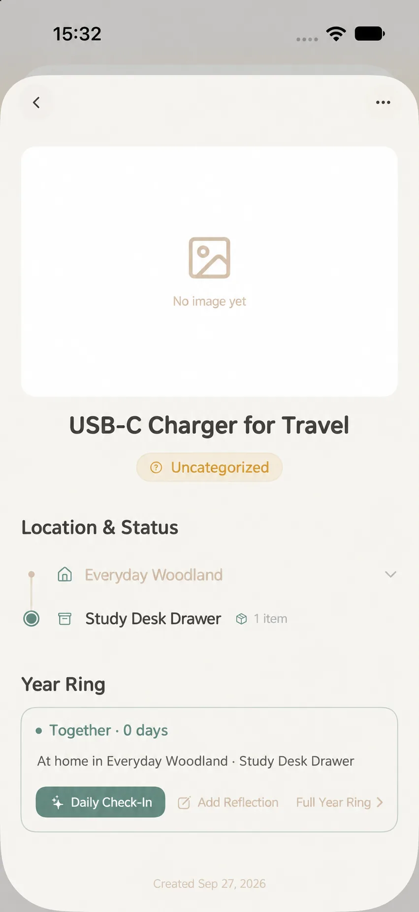 Moments in time card and location breadcrumbs in active item details