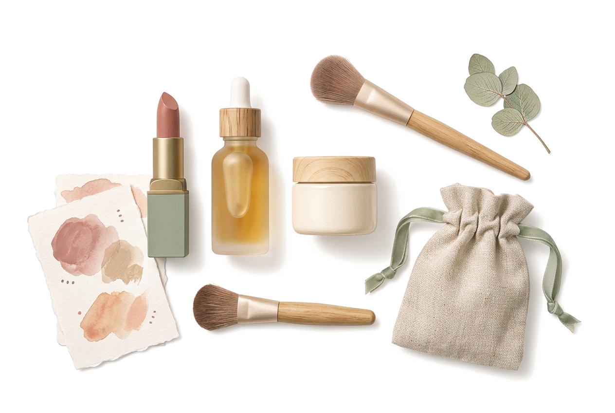 Still life illustration of lipsticks, serum dropper, face cream, and swatch color cards