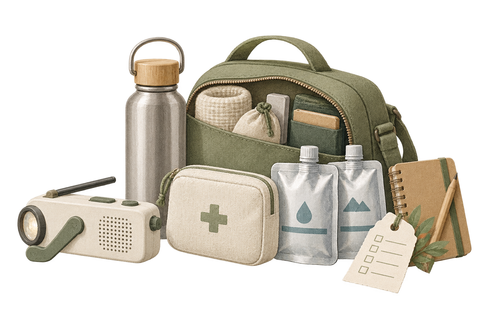 Green emergency backpack, drinking water, and first aid supplies on an entryway console