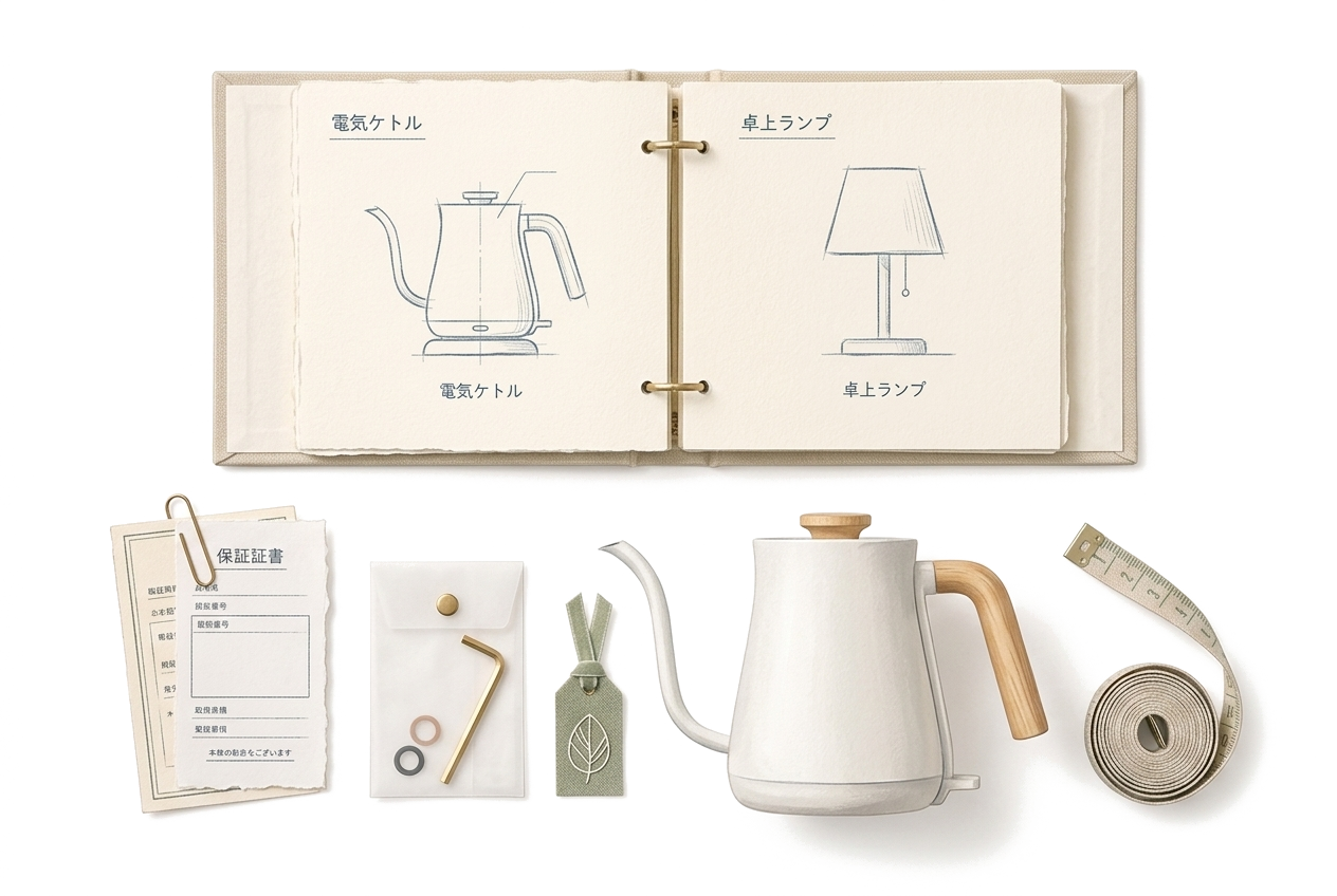 Home appliances and neatly organized documents on a sideboard