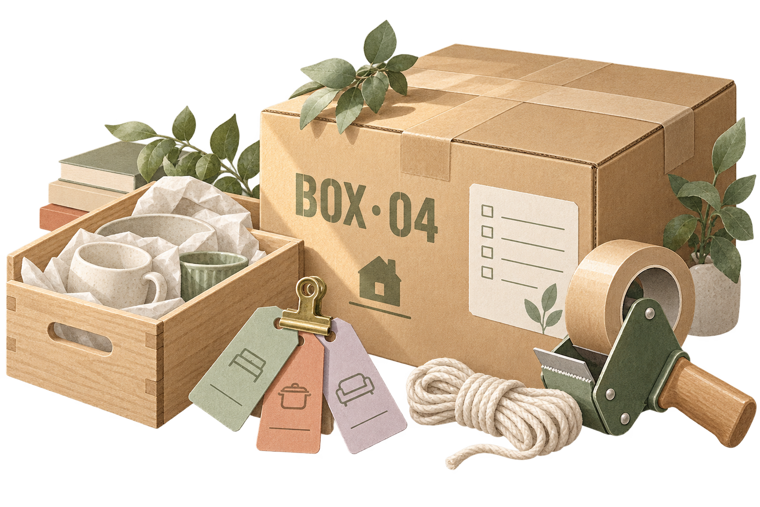 Numbered moving boxes and everyday essentials in a bright new home