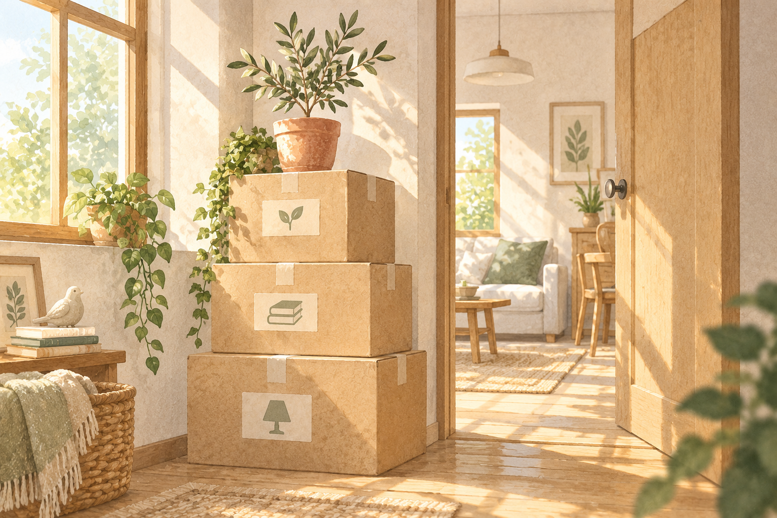 Sunlit new apartment with neatly stacked boxes, a comfortable rug, houseplants, and a warm cup of coffee