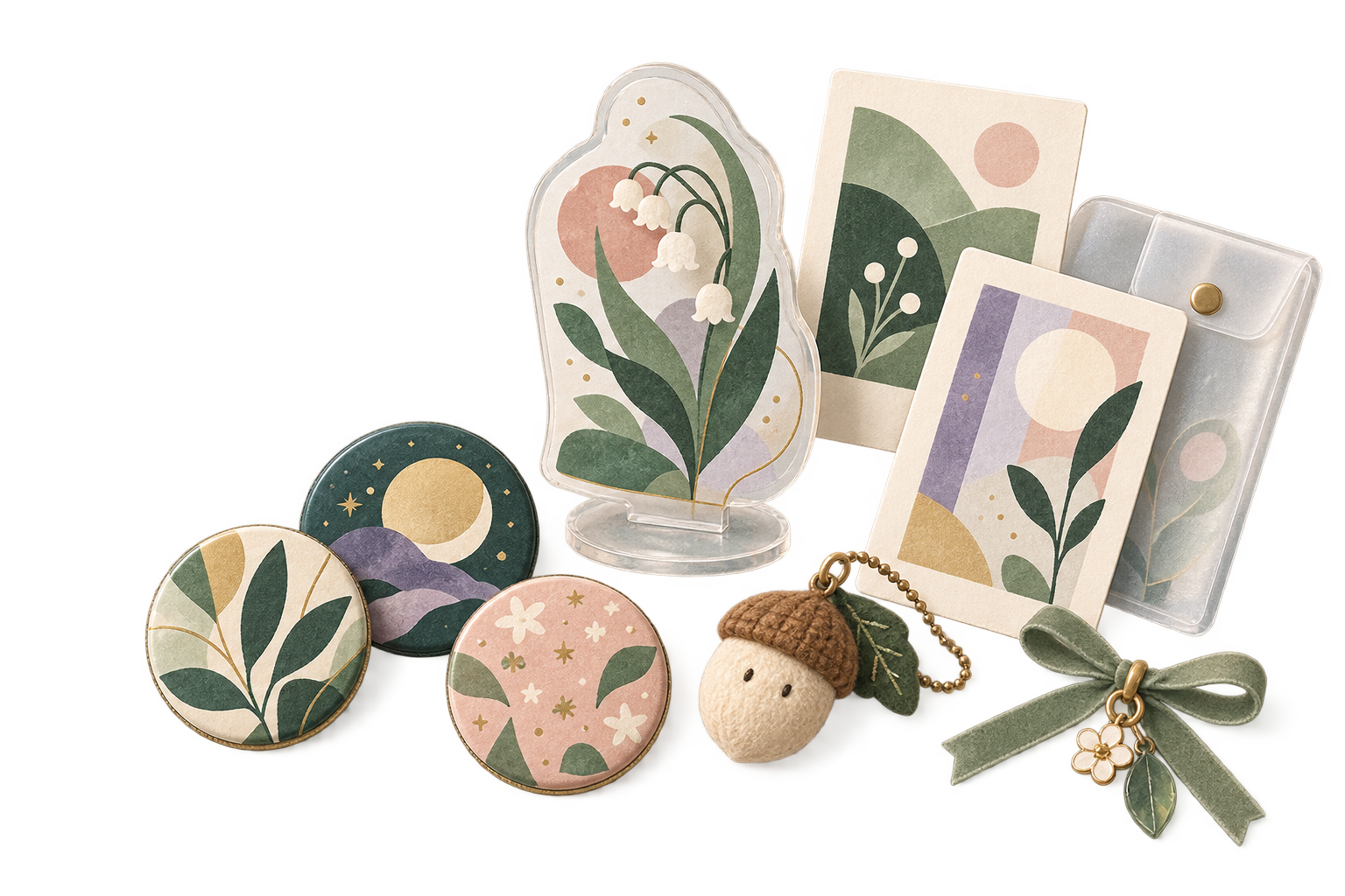 Botanical and moon-themed illustration of pins, acrylic stands, art cards, and plush charms
